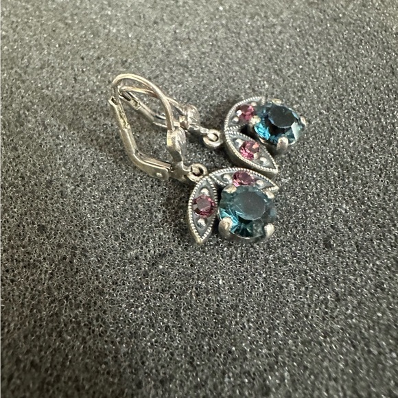 Round Blue and Fuscia stones. Lever Back Earrings - Pewter Tone. - Picture 2 of 4